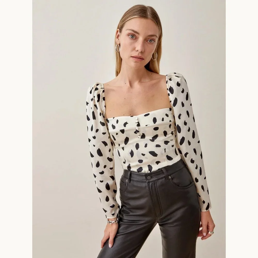 NWT Reformation Abigale Silk Puff Sleeve Square Neck Top in Cream/Ink Size 6